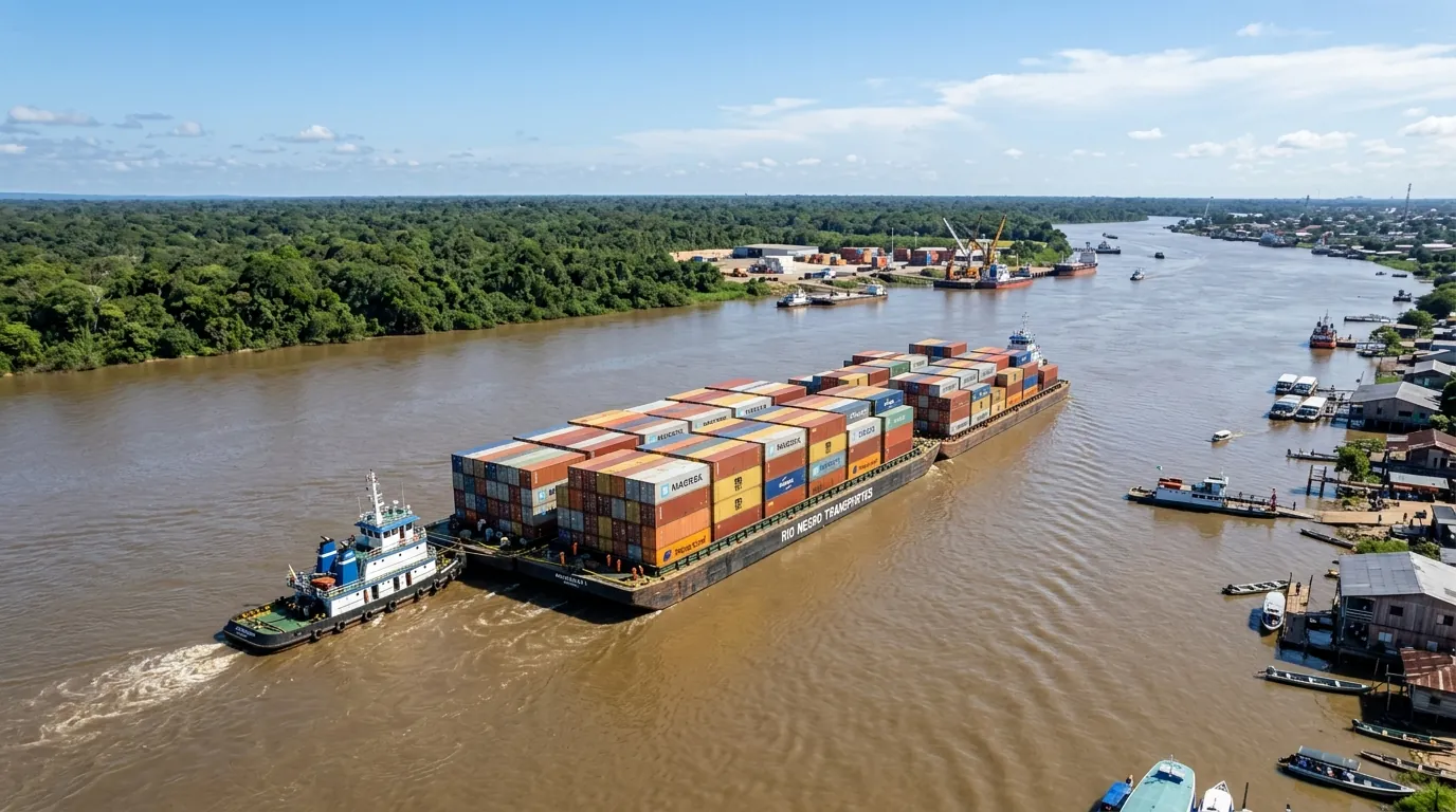 Vista de puerto con embarcaciones y equipo de carga